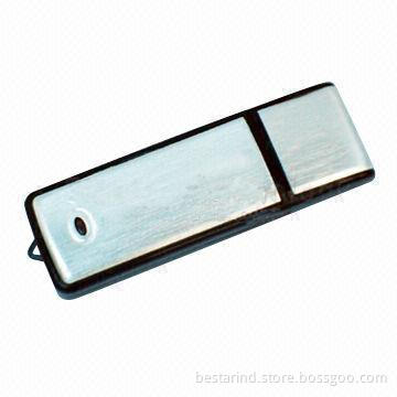 Popular shaped USB drive, made of plastic and metal, with light, logo printed or engraved